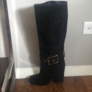 Gucci gold buckle black suede boots 38
